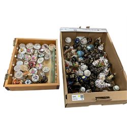 Large collection of pill boxes, perfume bottles, with a display case etc