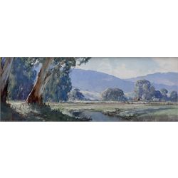 Gerard Mutsaers (Australian 1947-): 'Bright Sunlight in the Goulburn River Valley', oil on canvas board signed, titled on label verso 18cm x 49cm 