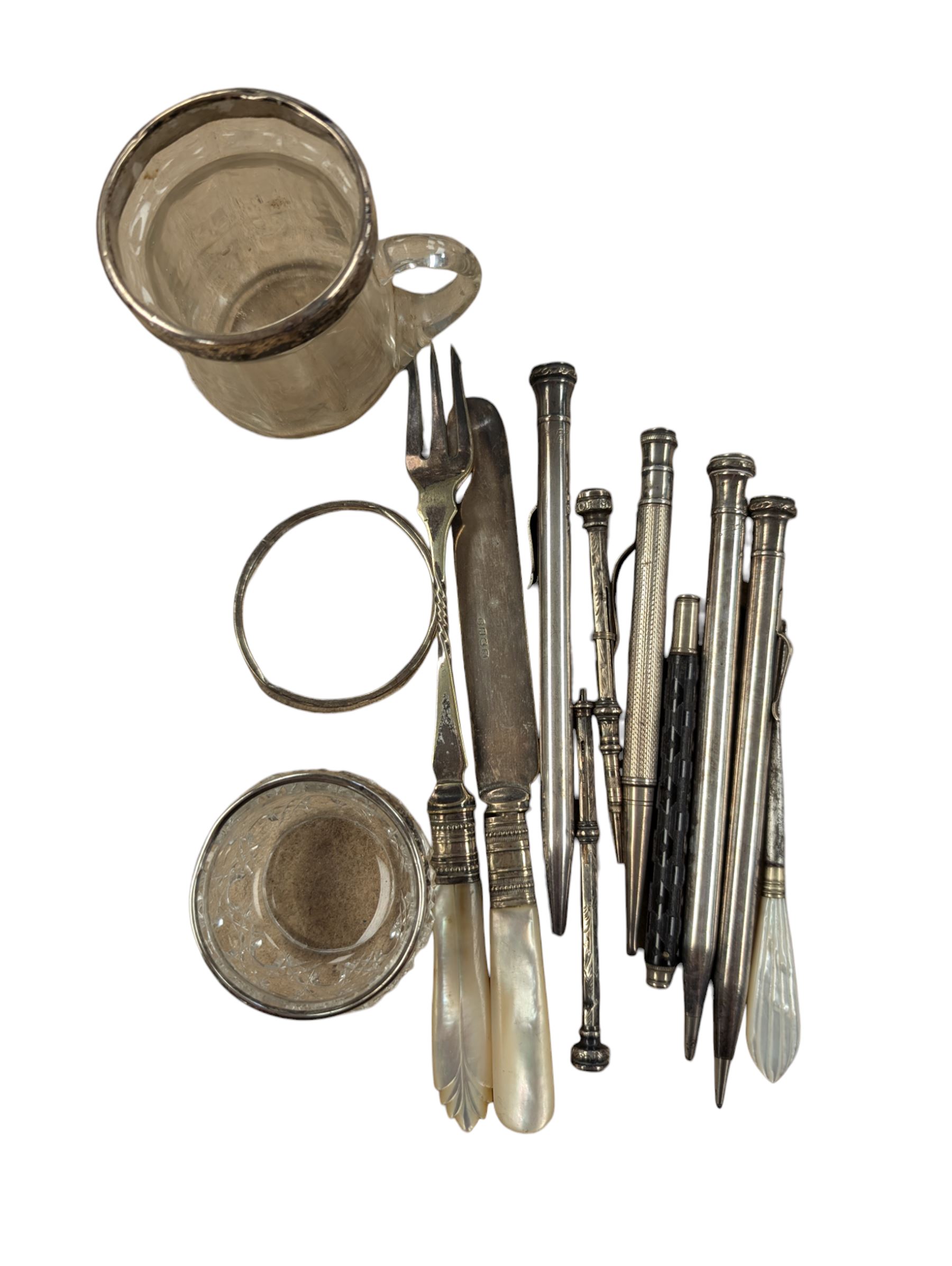 Silver propelling pencil and a silver toothpick, together with two silver collared glass items and a small collection of silver plated propelling pencils, etc