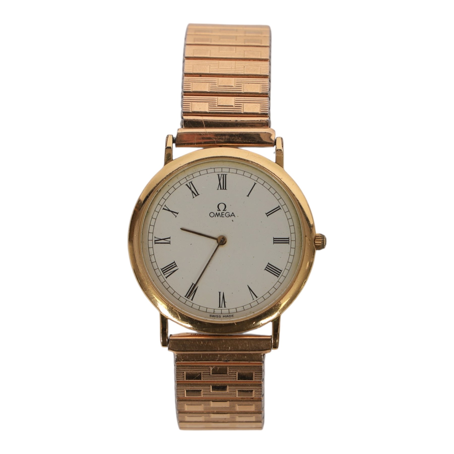 Omega De Ville gentleman's gold-plated and stainless steel quartz wristwatch, Ref. 195.0075.2, white dial with Roman numeral hour markers, on expanding gilt strap, with Omega buckle, boxed