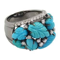 18ct gold black rhodium plated turquoise leaf and round brilliant cut diamond ring, stamped 750