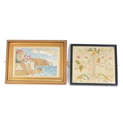 Needlework of Robin Hoods Bay, framed, together with another depicting birds in a blossomi...