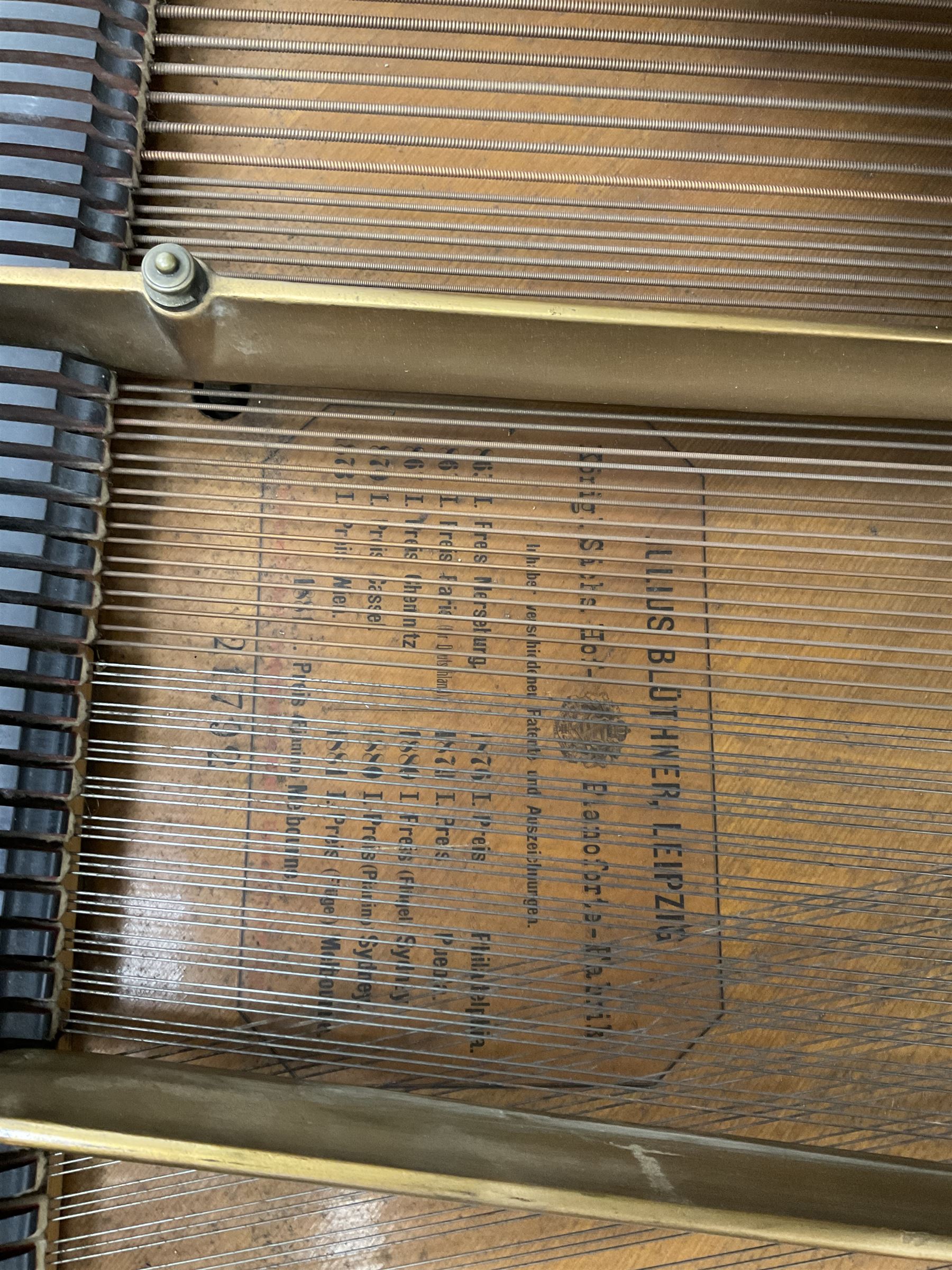 Bluthner, Julius, circa 1880, rosewood cased boudoir grand piano, iron framed with overstrung movement, no. 21792, supplied by Harrods Ltd, London, no. H 48904