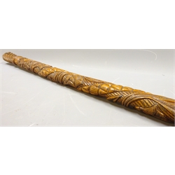  Early 20th century boxwood walking stick, shaft carved with ropetwist and entwined foliage, twist carved grip, L91cm   