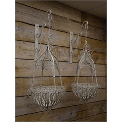  Pair ornate hanging baskets, cream finish with brackets (H95cm) (2)  