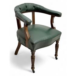 19th century mahogany office armchair, upholstered in green buttoned leather with horsesho...