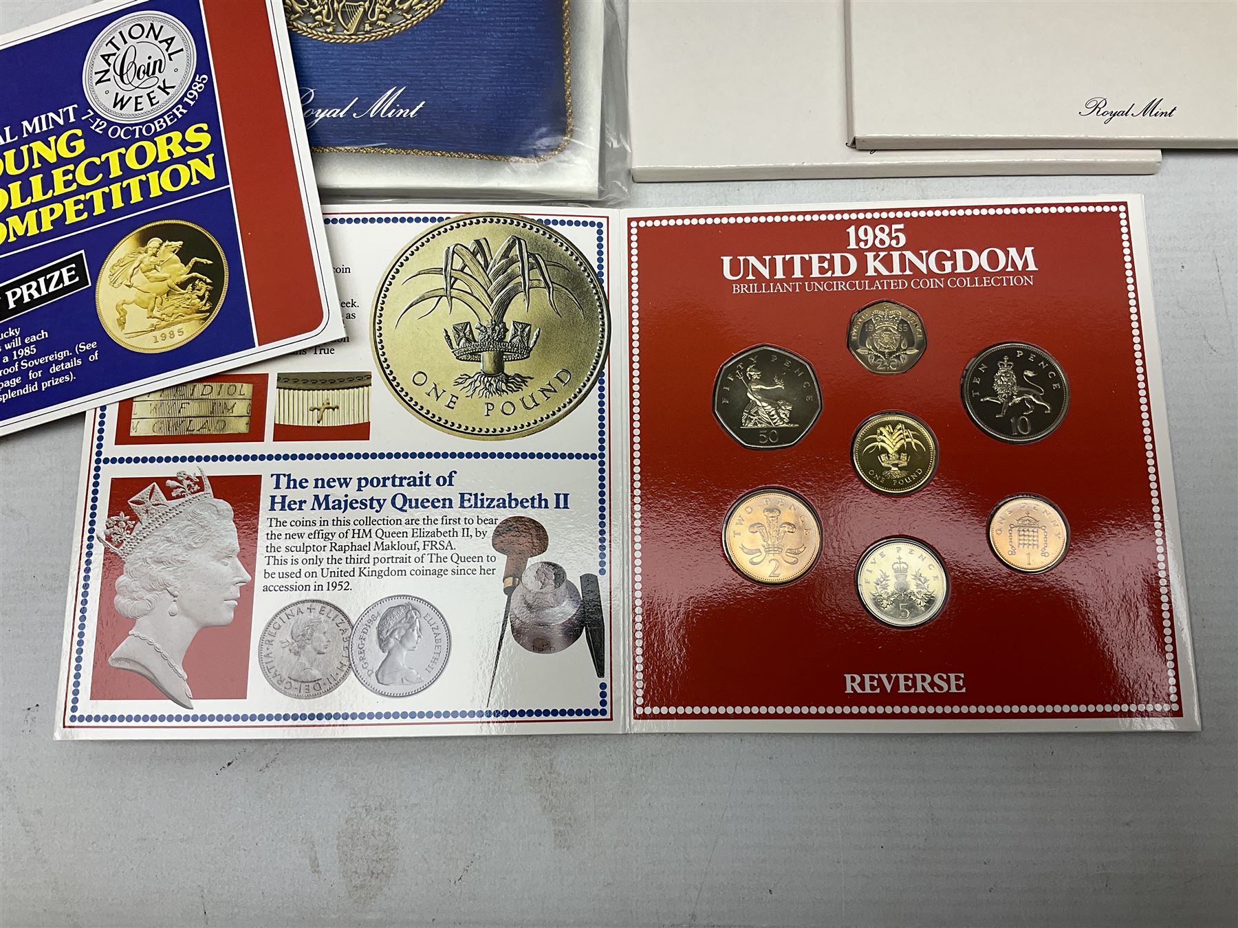 Thirteen The Royal Mint United Kingdom brilliant uncirculated coin collection dated two 1985, two 1986, two 1987, 1988, two 1989, two 1990, two 1991, all in card folders
