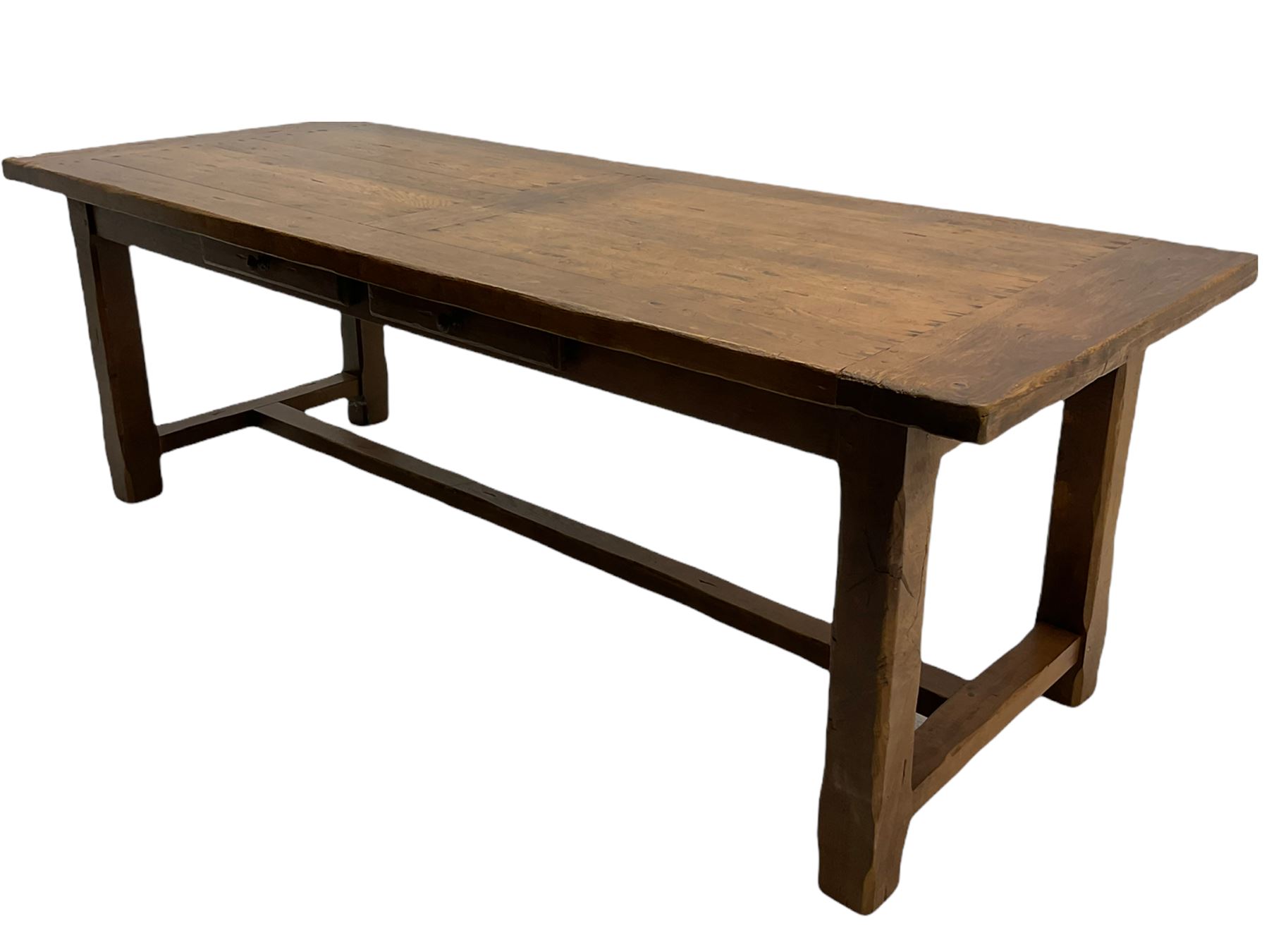 Antix French oak dining table with two leaves, two frieze drawers;, and six ladder back chairs with rush seats