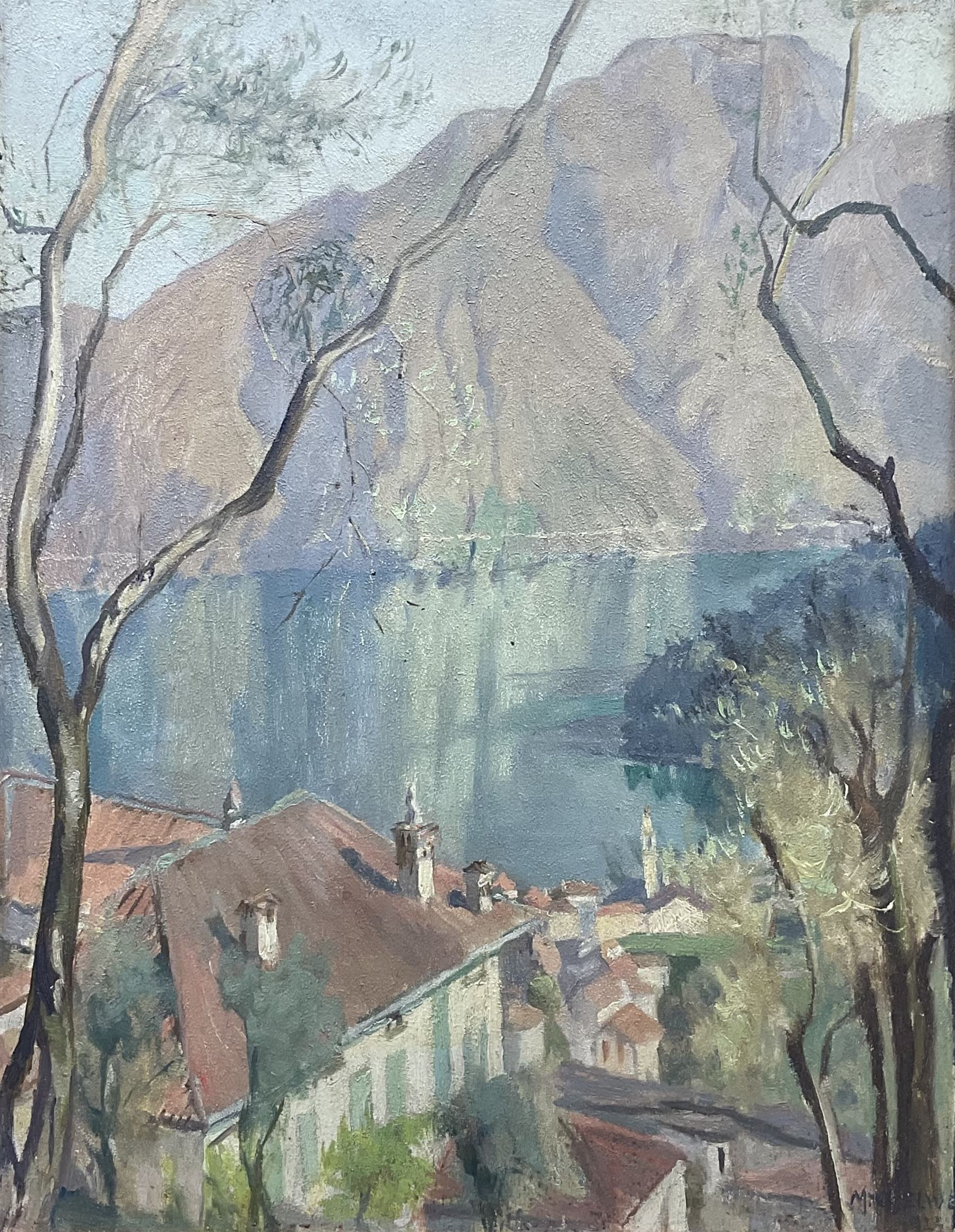 Mary Dawson Elwell (British 1874-1952): 'From Acquafredda' Italy, oil on panel signed and indistinctly dated 1923?, original title label verso 34cm x 26cm