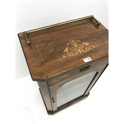 Victorian inlaid walnut music cabinet, single drawer above glazed door enclosing three shelves, W53cm, H88cm, D35cm