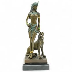 Bronze of Cleopatra with a panther on a leash, foundry mark on square marble base H25cm 