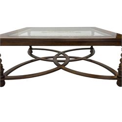Jonathan Charles - large mahogany coffee table, the square oyster veneered top with verre églomisé inset, the glass hand-painted with gilt scrolling foliate patterns, raised on spiral turned supports with acanthus and gadroon carvings, united by interlocking demi-lune stretchers, on scrolled acanthus feet
