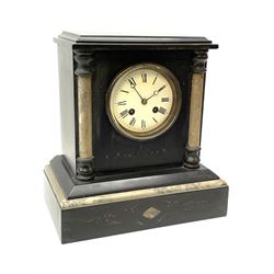 Victorian black slate and marble mantel clock, circular Roman dial enclosed by two marble pilasters, decorative engraving, twin train movement striking the hours and half on coil