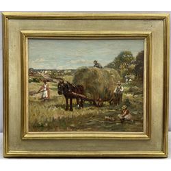 James William Booth (Staithes Group 1867-1953): Harvest Time with Children in the Field, oil on canvas laid on panel signed 30cm x 37cm 
Provenance: exh. Phillips & Sons, The Dower House, Cookham, March '87, label verso