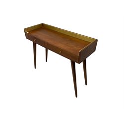 Mid-20th century design mango-wood console table, raised three-quarter back over rectangular top, fitted with two drawers, raised on splayed tapering supports