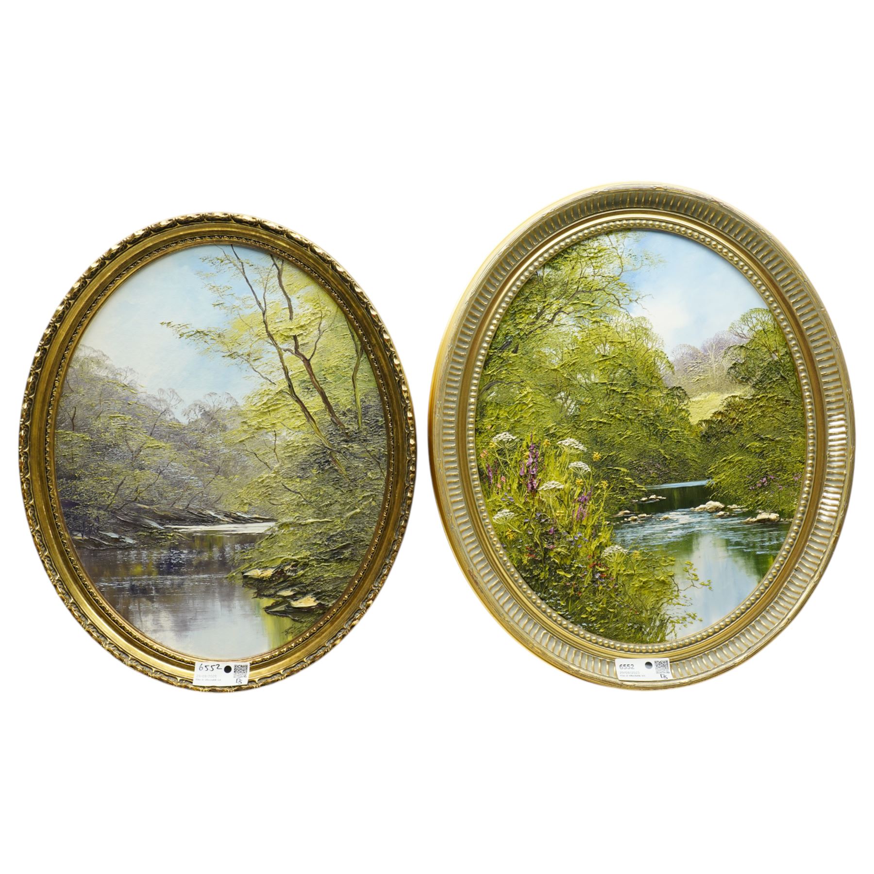 Terence 'Terry' Evans (British 1943-): Tree Covered River Landscape, pair oval oils with impasto on canvas signed 49cm x 39cm (2)
Provenance: with Newquay Galleries