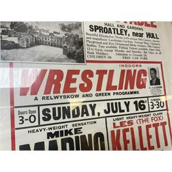 Burton Constable Hall advertising post, 1960s, 'Indoor wrestling a Reswyskow and Green Programme ....... Mink Marino v Big John Lees ....... Les (the fox) Kellett v Ezzard Hart', framed H101cm, W70cm