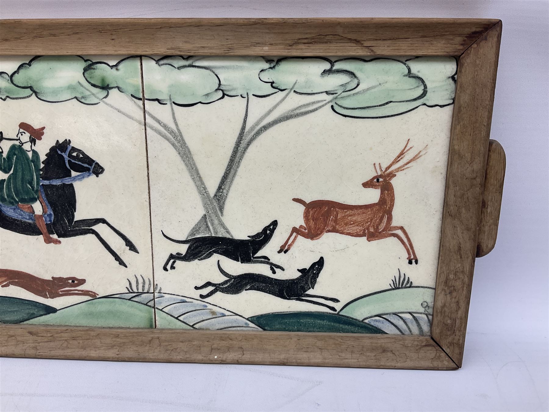 Packard and Ord tile tray hand painted with a hunting scene and a wooden frame, H17cm L48cm