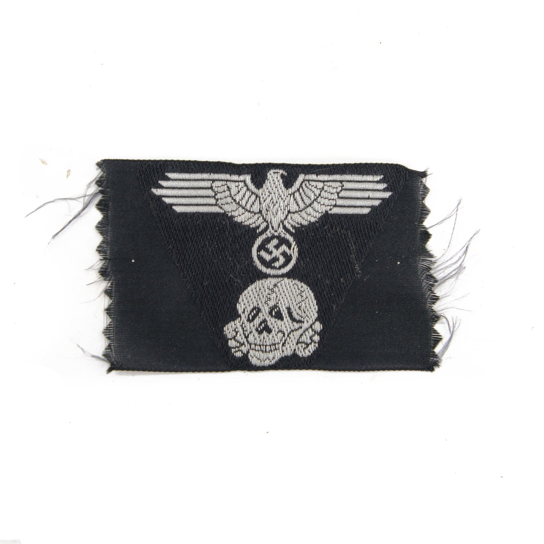 Third Reich SS M43 one piece Trapezoid field cap insignia, machine-woven SS Eagle above the Totenkopf skull on black rectangle, H5cm, L7cm