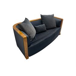 Thörmer Polstermöbel - Art Deco style sofa, of curved tapering form, framed in figured burr elm, upholstered in blue fabric with loose cushions