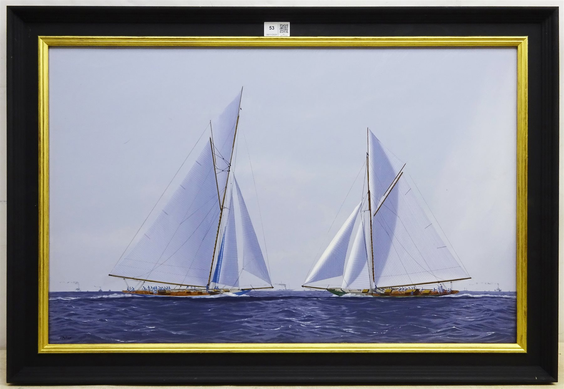 James Miller (British 1962-): America's Cup Series the 10th Challenge 1899 'Columbia' & 'Shamrock', oil on canvas signed, titled verso 45cm x 70cm