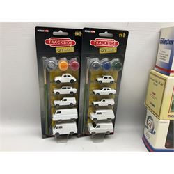 Corgi - eighteen modern die-cast models including racing cars, Land Rovers, Thornycroft Box Van, Ford Transit and Bedford Vans, Minis, Last Routemaster bus, two Trackside DIYCAST sets etc; all boxed (18)
