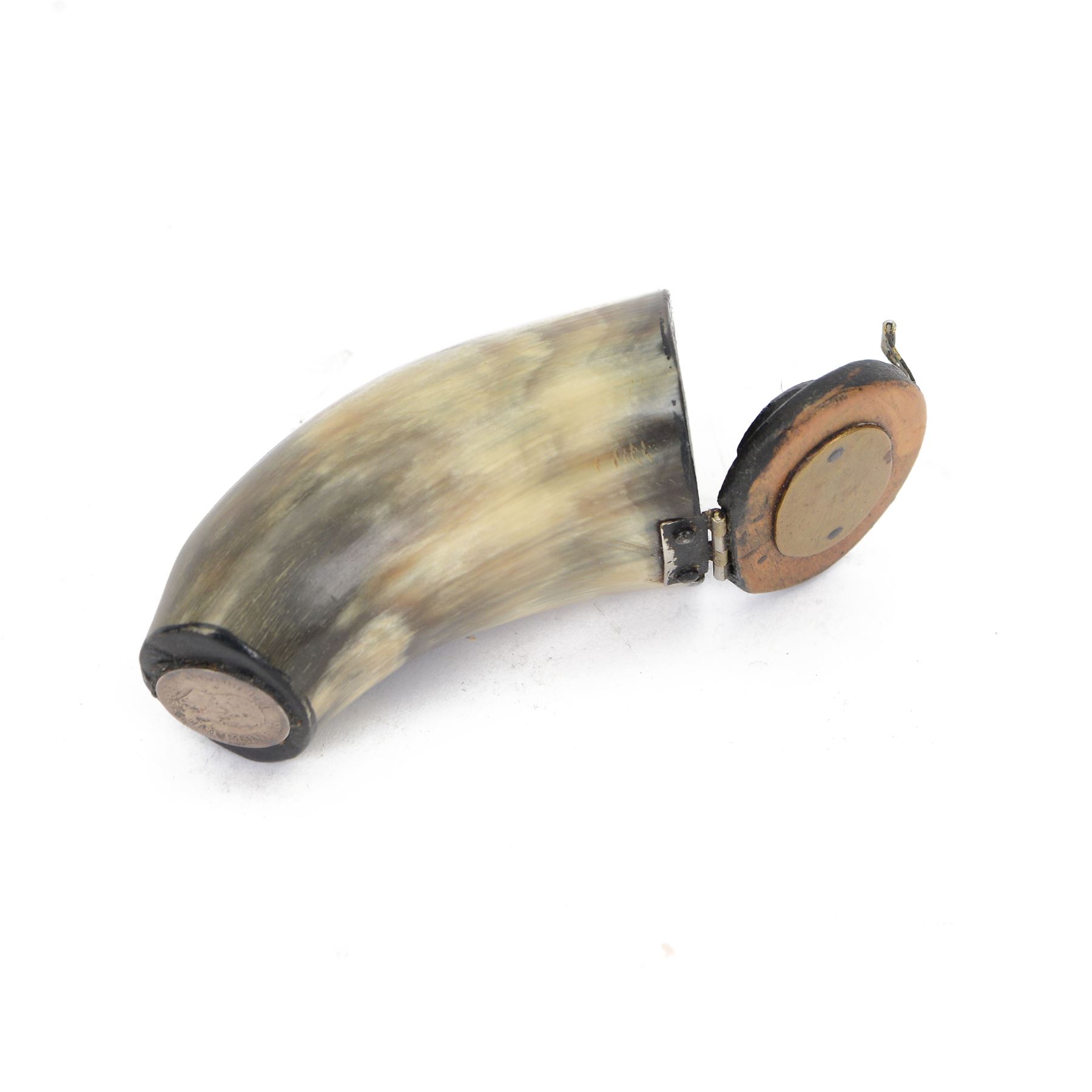 Horn Snuff Mull, the hinged lid and 1863 1 lira coin to the base, H9cm