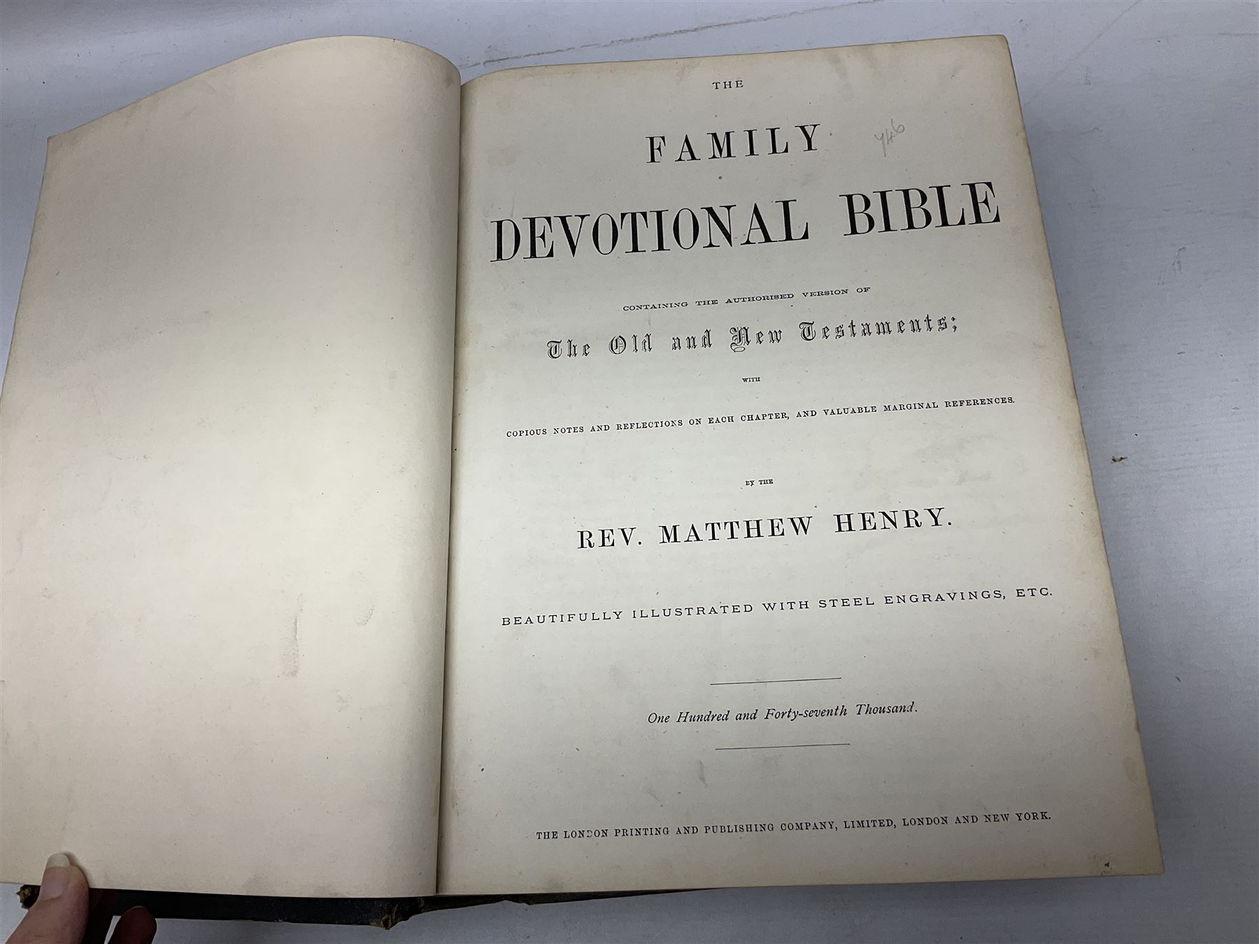 Victorian The Family Devotional Bible, by Rev Matthew Henry, pub. London and New York, The London Printing & Publishing Co, circa 1860, with steel engraving plates and gilt edges, L35cm