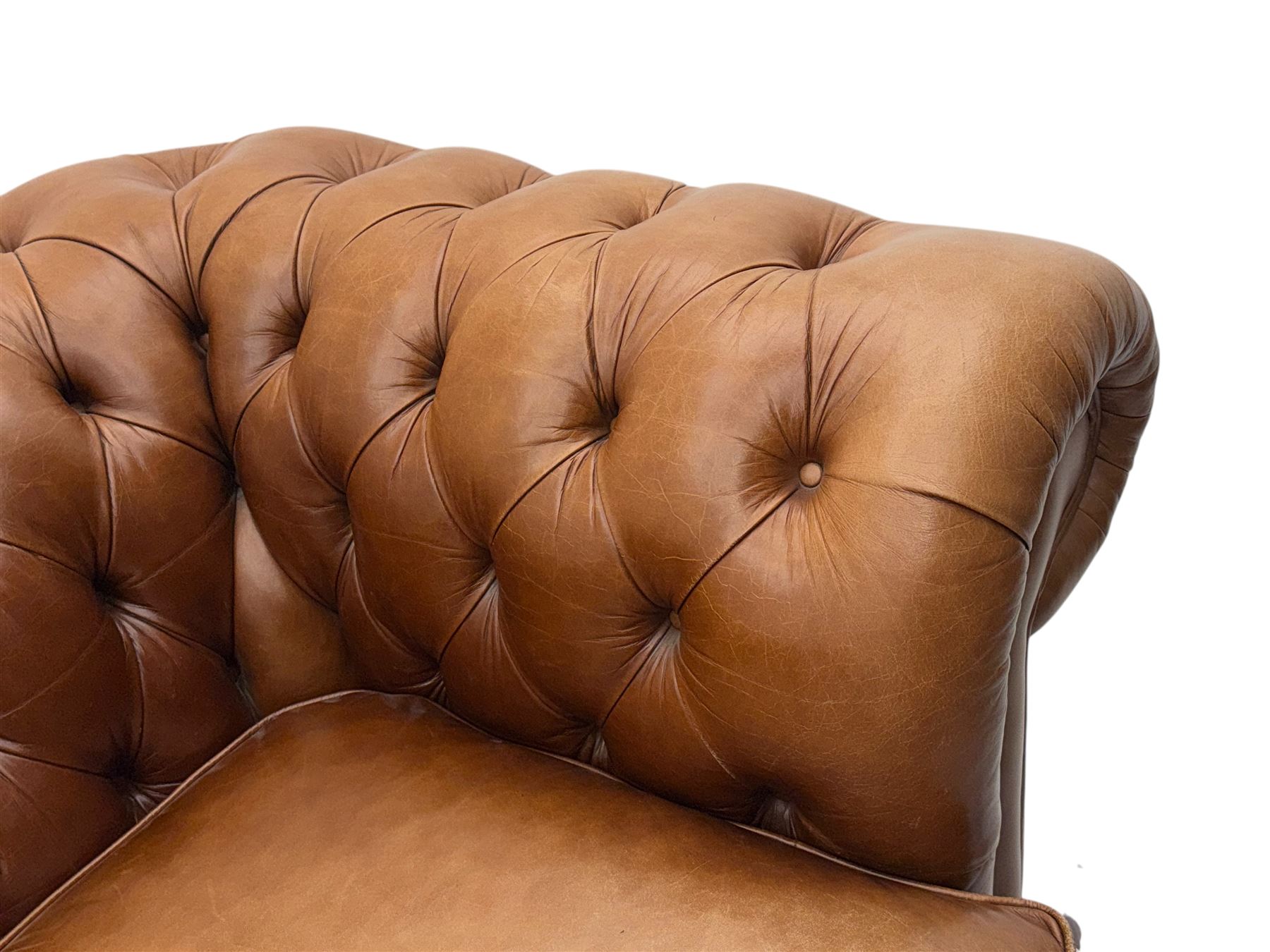 Springvale - large Chesterfield sofa, upholstered in buttoned tan leather, two cushion deep seat, turned bun feet
