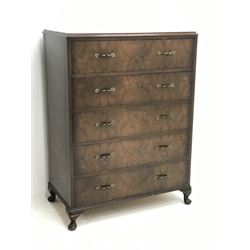 Early 20th century figured walnut chest fitted with five drawers, W85cm, H115cm, D48cm