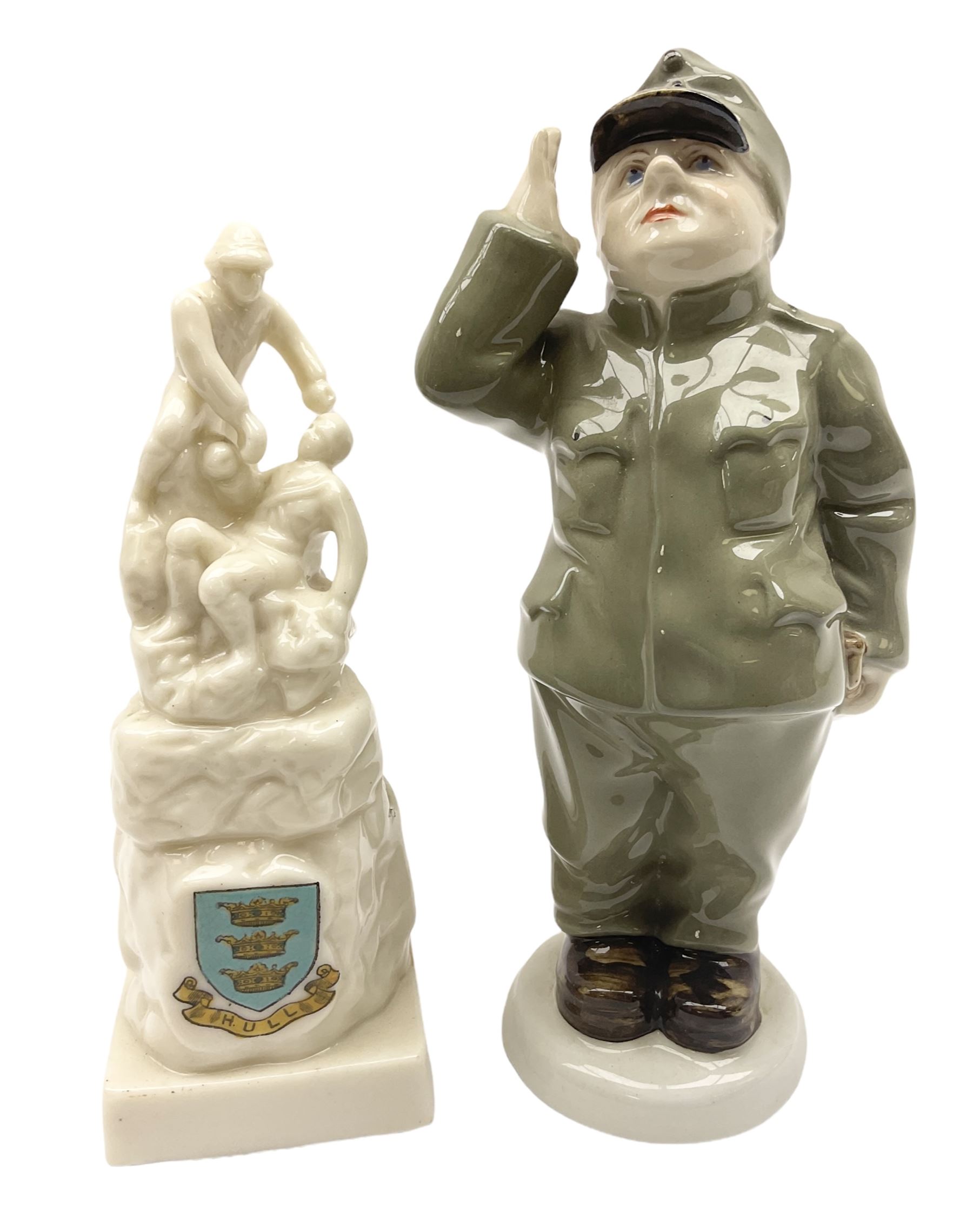 Royal Dux figure of a saluting soldier and Willow Art Crested ware Hull soldiers war memorial c1903 late South African war, tallest H19cm