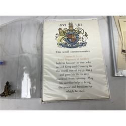 Military related ephemera including copies of research material relating to various KIA and other servicemen; collection of WW2 manuscript letters from a soldier to his wife; coloured humorous print of bayonet training entitled 'The Recruit Who Took To It Kindly' in mount bearing multiple signatures and clip frame; Franklin Mint die-cast model of a Spitfire etc