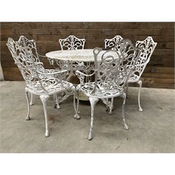 Victorian design cast aluminium circular garden table (D109cm, H72cm) and six armchairs 