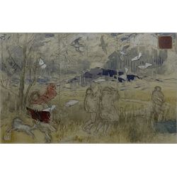 Jacqueline Rizvi NEAC (British 1944-): 'Study for a Three-Fold Screen, Leaves to Birds', watercolour and bodycolour on cream toned paper signed with initials and dated '05, 27cm x 42cm
Provenance: exh. Alpha House Gallery, Sherborne, Dorset; with The New Academy of Arts Gallery, London, labels verso