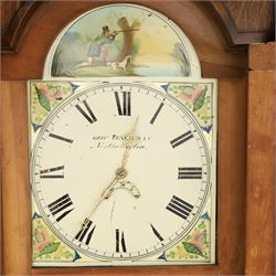 George Tesseyman of Northallerton - 19th century oak and mahogany 30 hour longcase clock, Hoho-bird on sphere finial with broken swan-neck pediment, dial painted with hunting scene, over a mahogany-banded oak case
