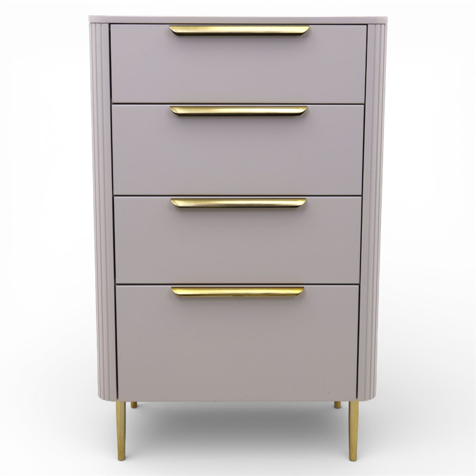 Made.com - 'Ebro' grey four drawer chest, gold painted metal shaped handles, rounded corners with fluted detail, raised on gold painted metal tapered supports