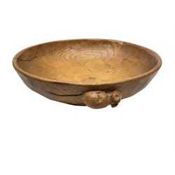 Mouseman - oak fruit bowl, the adzed exterior with carved mouse signature, by the workshop of Robert Thompson, Kilburn, D26cm