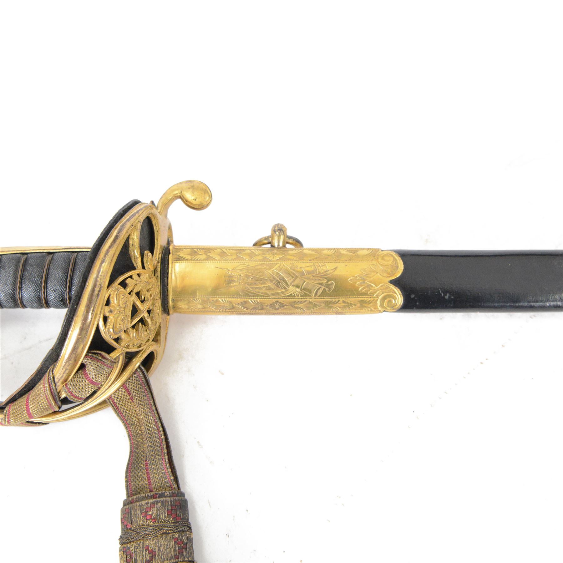 British William IV 1822 pattern Infantry General sword, retailed by John Salter cutler to Horatio Nelson and Prince Augustus Fredrick, Duke of Sussex, the 73cm curved pipe backed blade etched to both sides, with the royal monogram and the owners coat of arms and initials 'GD, brass gothic guard with original gilding, the cartouche of the crossed baton depicting the crossed baton and sword of a general, shagreen covered grip and triple wire binding, the guard complete with leather lining and gilt sword knot, in leather scabbard with three gilt brass mounts, the top mount bearing the cutlers name and address, with twin suspension rings, overall L89cm  