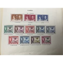 Single album collection of King George VI stamps, including Aden, Antigua, Ascension, Australia, Bahamas, Bahrain, Barbados, Basutoland, Bechuanaland, Bermuda, British Solomon Islands, Brunei, Burma, Cayman Islands, Dominica, Falkland Islands, Gambia, Gilbert and Ellice Islands, Gold Coast, Great Britain 1939-48 set to one pound including ten shilling dark blue, Grenada, Hong Kong, India, Ireland, Jamaica, Leeward Islands, Malta, Mauritius, New Zealand etc