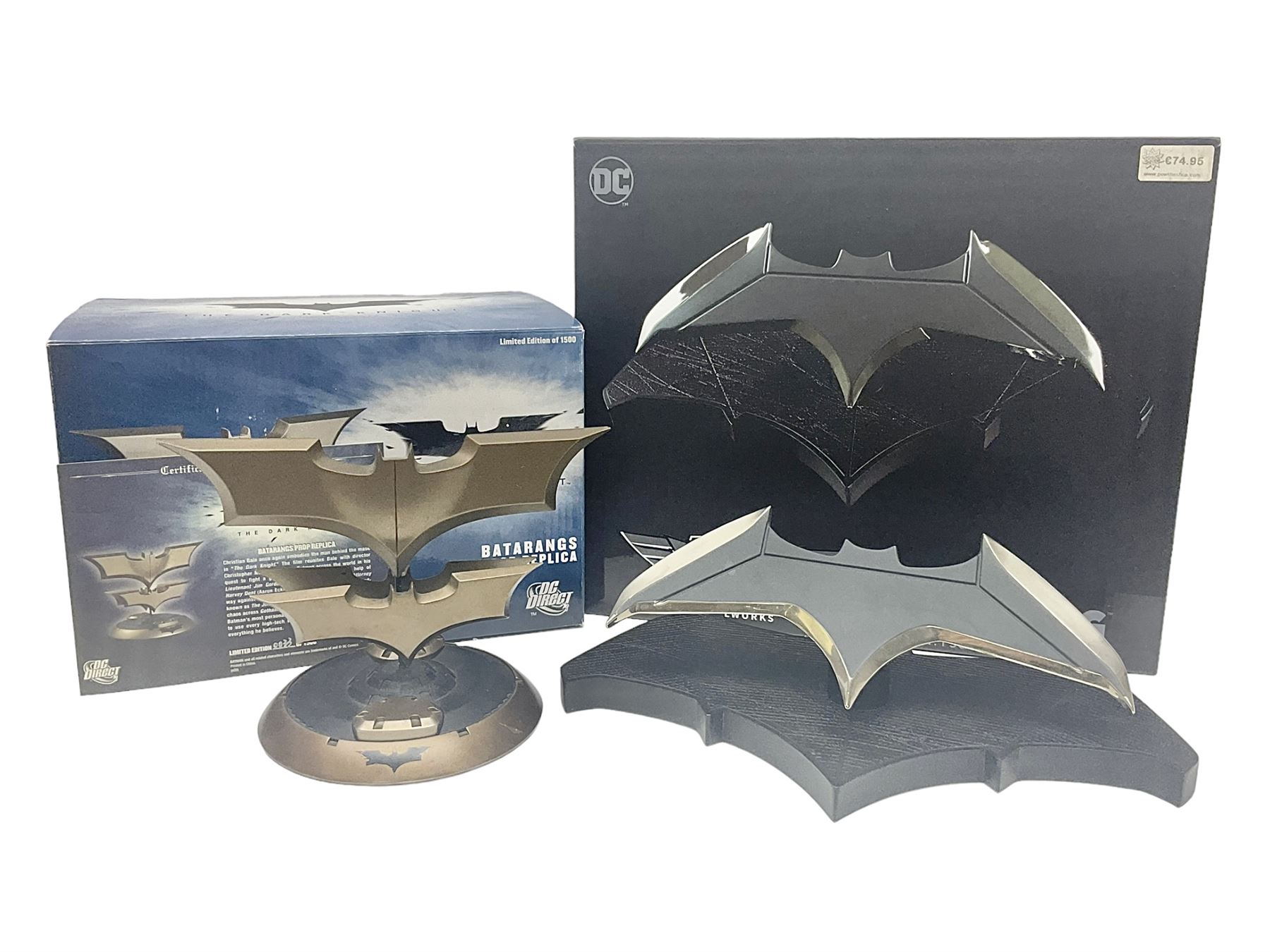 Two Batman replica Batarangs comprising DC Comics QMX Caliber Metalworks 1:1 scale replica with original box, and DC Direct The Dark Knight prop replica no. 33/1500 with original box and certificate of authenticity 