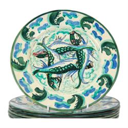 Raoul Lachenal (1885-1956), set of six French faience Iznik style plates, decorated with fish in tones of blue and green with lustre finish, each signed beneath Lachenal and monogramed, bearing Sotheby's labels, D24cm


Provenance: Lot 230, Collection de Ceramiques francaises, verreries, tableaux, documentations, provenant de la Villa Clara Schumann, Sotheby's, 16th December 2005
