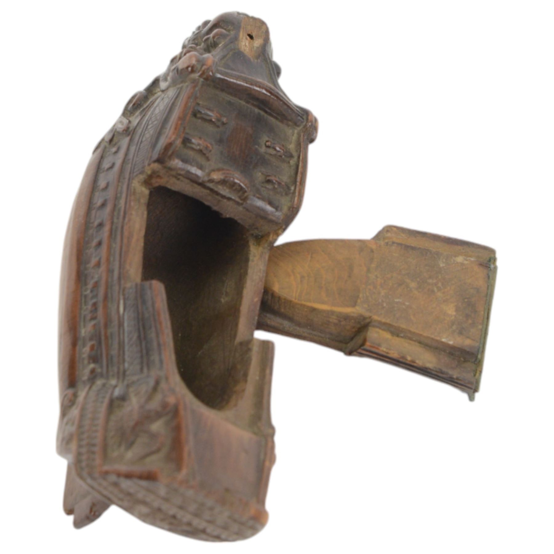 19th century treen snuff box in the form of a ship, with carved detail including windows and mythical figures, L15cm, H6cm