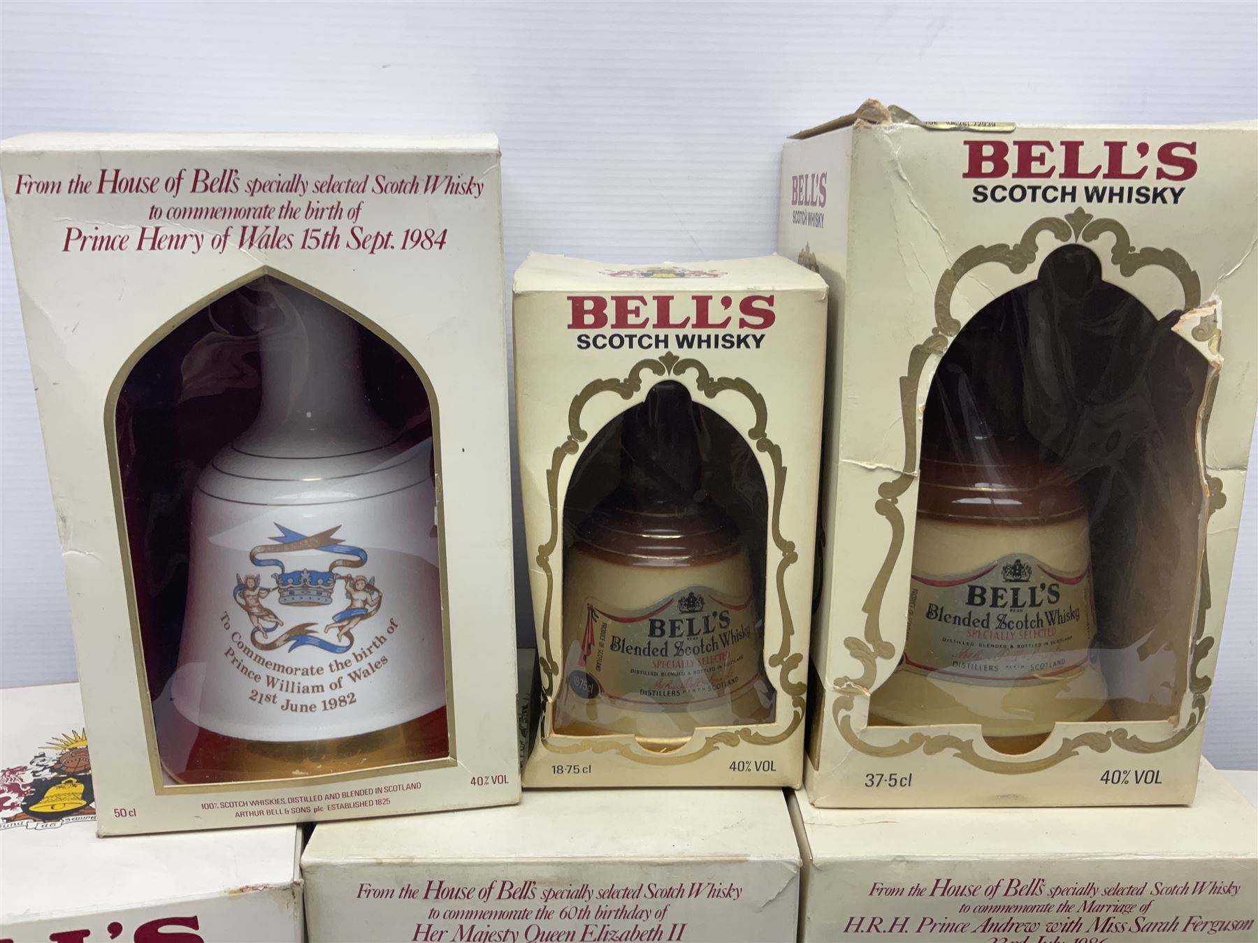 Bells, Scotch whisky, in eight Wade ceramic decanters, including Christmas 1992, Queens 60th birthday, Birth of Prince William etc, various contents and proof   