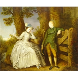  Manner of Richard Cosway (British 1740-1821): 'Lady and Gentlemen in Landscape setting, oil on canvas, bears signature and date 1781, 58cm x 70cm Provenance: from the estate of Ms. Norma Farnes of Oak Tree House, Egton Bridge   