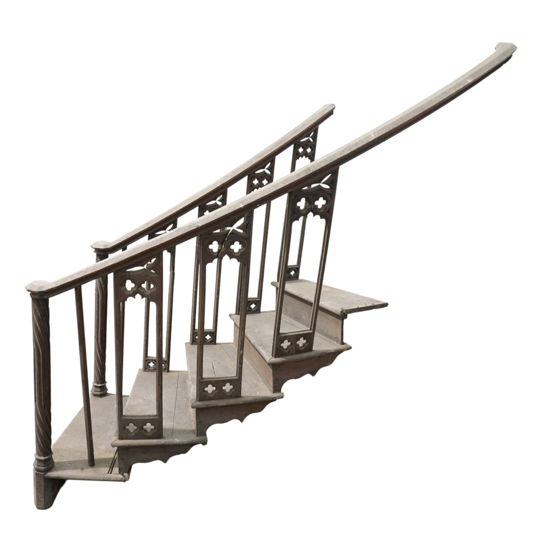 Architectural Salvage - 19th century oak five tread pulpit staircase of curved design with spiral carved pillars and pierced side panels with various additional matching pieces
Note: Removed in the 19th century from the church in the grounds of a private Yorkshire estate 
Provenance: property of a Nobleman