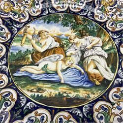 Large 19th/early 20th Century Italian Majolica Urbino style charger depicting Venus clipping Cupid's wings, D52cm  