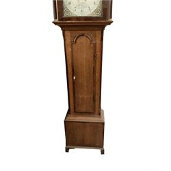 Grace Holborn of South Cave (Nr Hull Yorks.) -  Oak and mahogany 8-day longcase clock, c1820, with a pagoda topped pediment with inlay and three ball and spire finials, break arch painted dial flanked by two reeded pilasters with brass capitals, trunk with canted corners and a full length break arch door, square plinth on bracket feet, dial with upright Arabic numerals and geometric painted spandrels, depiction of an eagle and a snake to the arch,  with a seconds dial and calendar aperture, brass hands and seconds pointer, rack striking recoil anchor weight driven movement, striking the hours on a bell. With weights and pendulum.
Grace Holborn was most probably the widow of Charles William Holborn who was a clockmaker in South Cave 1759-1811.