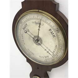 Early 19th century mahogany five dial banjo barometer, swan neck pediment above damp/dry dial and thermometer, silvered engraved register, H107cm