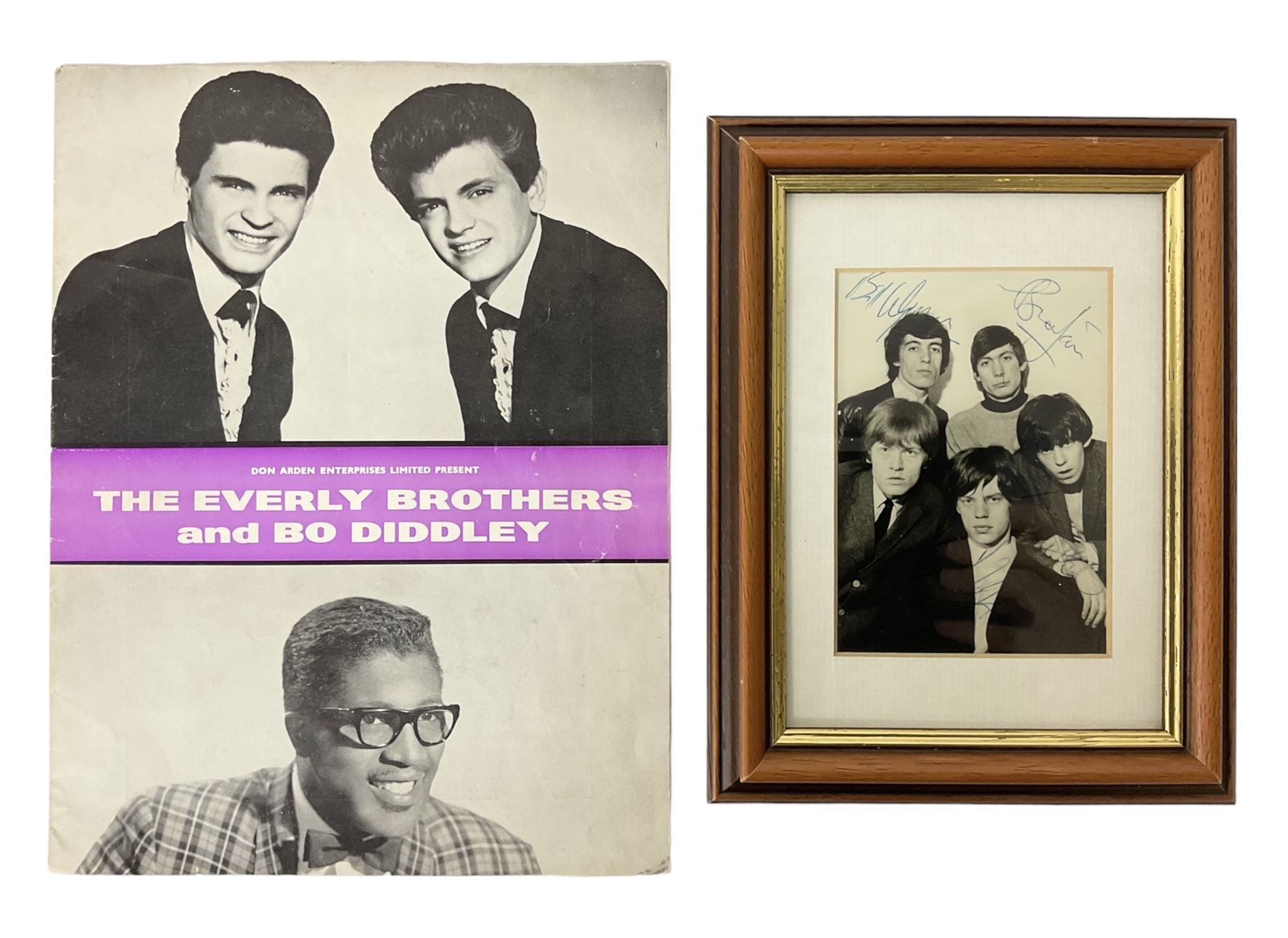 1960s autographed photographic postcard of The Rolling Stones showing Mick Jagger, Brian Jones, Keith Richard, Bill Wyman and Charlie Watts; signed in ink by all five members 13 x 9cm in modern mount and frame; together with a programme for the performance where the signatures were obtained supporting The Everly Brothers presumably at The Doncaster Gaumont as the date of this venue is hand written on the inside.