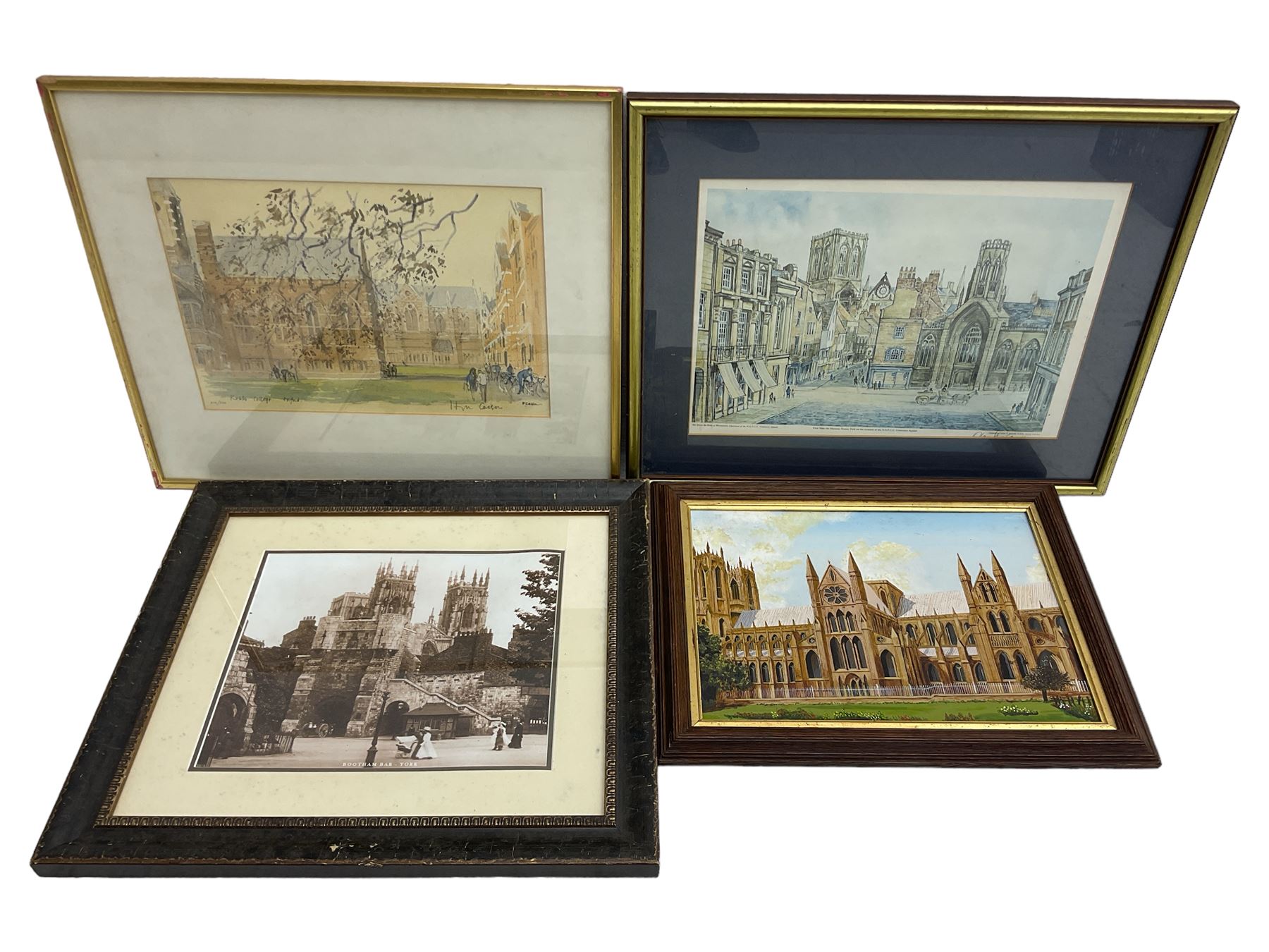 Alan Stuttle: signed print of York; oil on canvas board of York Minster, Keble College Oxford signed print, and a photograph of Bootham Bar York (4)